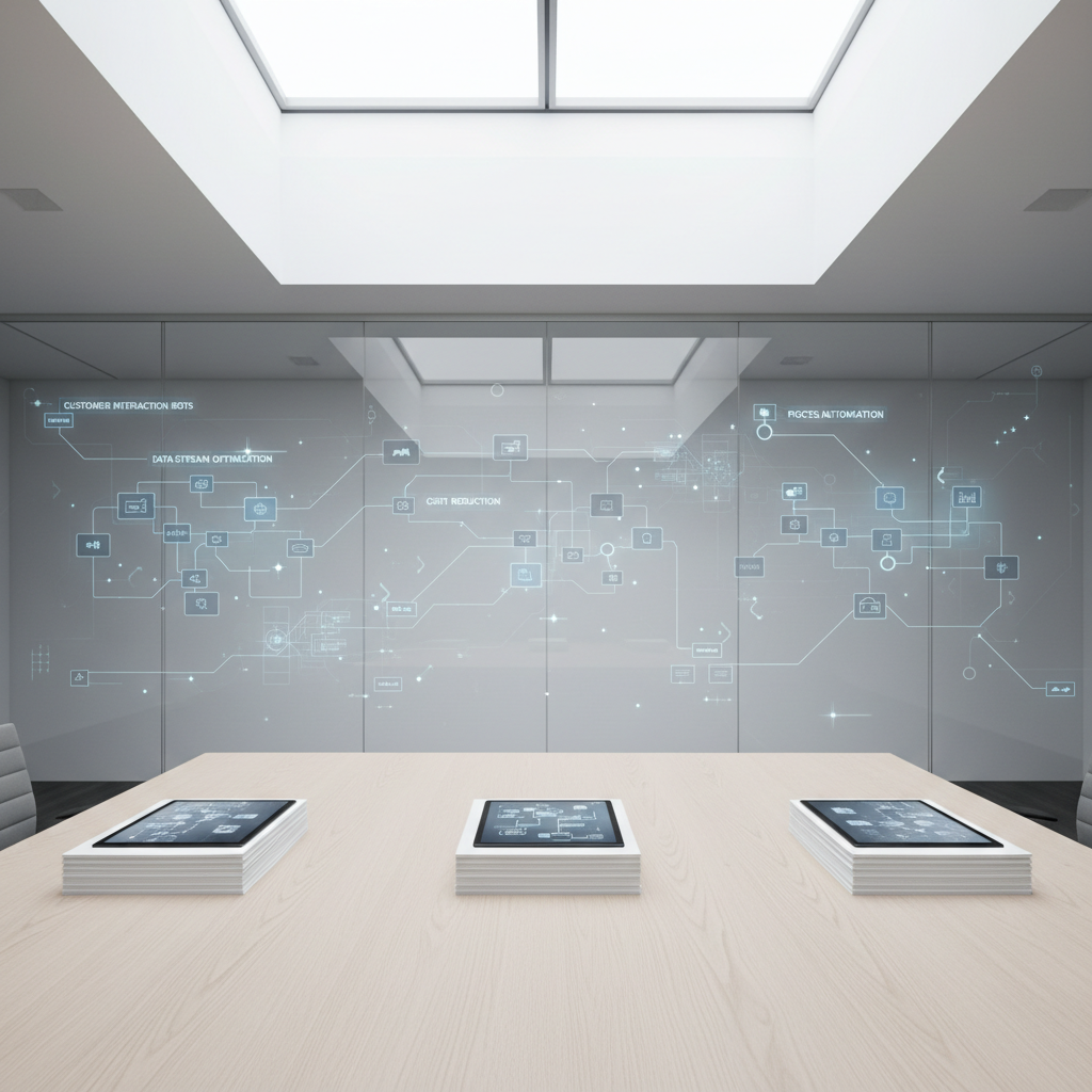A bright, modern conference table made of pale oak, completely empty except for three neatly stacked sets of documents, each topped with a sleek tablet showing different AI automation diagrams in muted blues and grays. A large, wall-sized glass panel behind the table is covered with clear, digitally overlaid flowcharts and icons representing customer service bots, data processing, and cost savings. Soft, diffused daylight from a ceiling skylight bathes the room, eliminating harsh shadows and giving the glass a gentle glow. Photographic realism, wide-angle lens with sharp focus throughout, emphasizes clarity, transparency, and strategic planning in AI consulting for businesses of all sizes, with a clean, modern aesthetic.