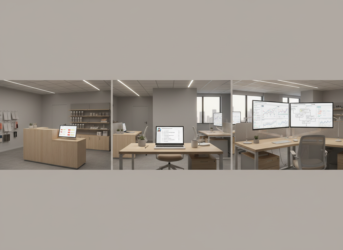 A set of three distinct business environments arranged in a single panoramic office space: on the left, a compact retail counter with a tablet showing automated inventory alerts; in the center, a tidy small-business desk with a laptop running an AI assistant summarizing emails; on the right, a larger operations station with dual monitors displaying workflow automations and predictive analytics. The transitions between zones are seamless, with consistent neutral color tones and light wood surfaces. Soft overhead LED lighting provides even illumination, reducing glare and casting only the faintest shadows. Photographic realism, wide cinematic composition with clear depth, illustrates how AI consulting supports different business types in one cohesive, efficient ecosystem, with a pragmatic, approachable mood.