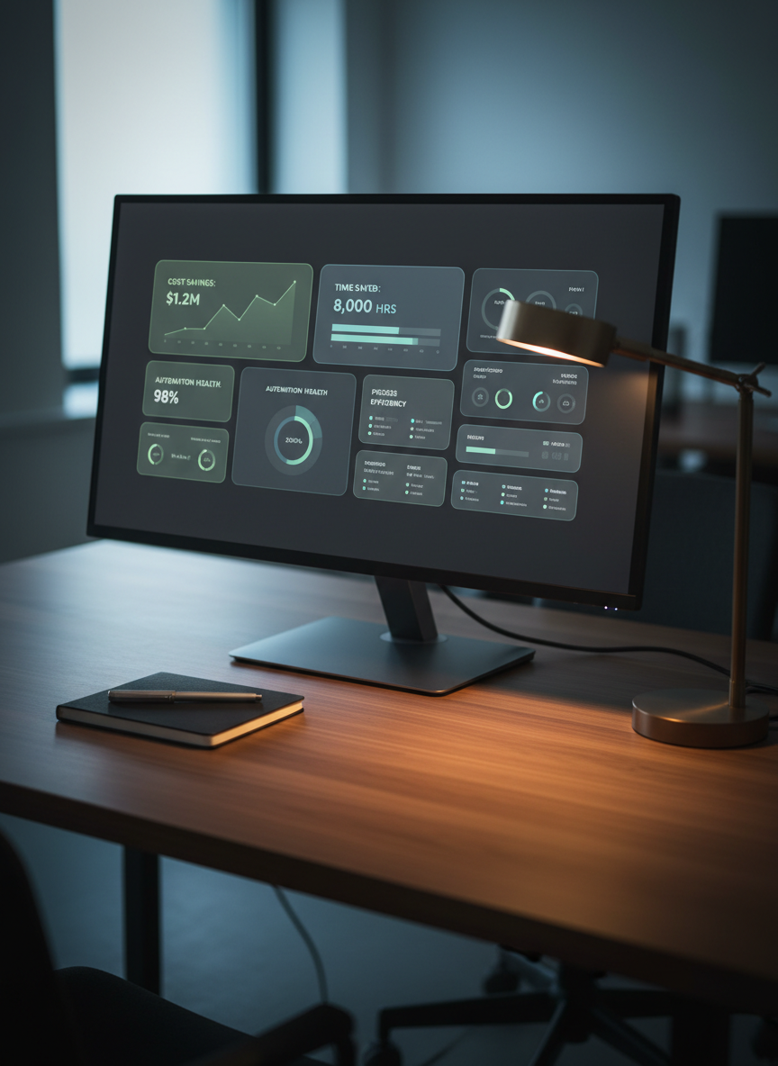 A minimalist dark charcoal dashboard interface displayed on a large ultra-wide monitor, filled with thoughtfully arranged tiles showing real-time cost savings, time saved, and automation health indicators in subtle greens, blues, and white. The monitor stands on a walnut desk with a matte finish, accompanied only by a closed notebook and a single silver pen, both neatly aligned. A warm desk lamp to the right casts a soft, focused pool of light on the workspace, while cooler ambient light from the left creates a balanced, professional contrast. Photographic realism, slightly elevated angle, with a gentle vignette around the edges to draw the eye toward the dashboard. The scene feels precise, data-driven, and quietly confident, reflecting practical, results-focused AI solutions.