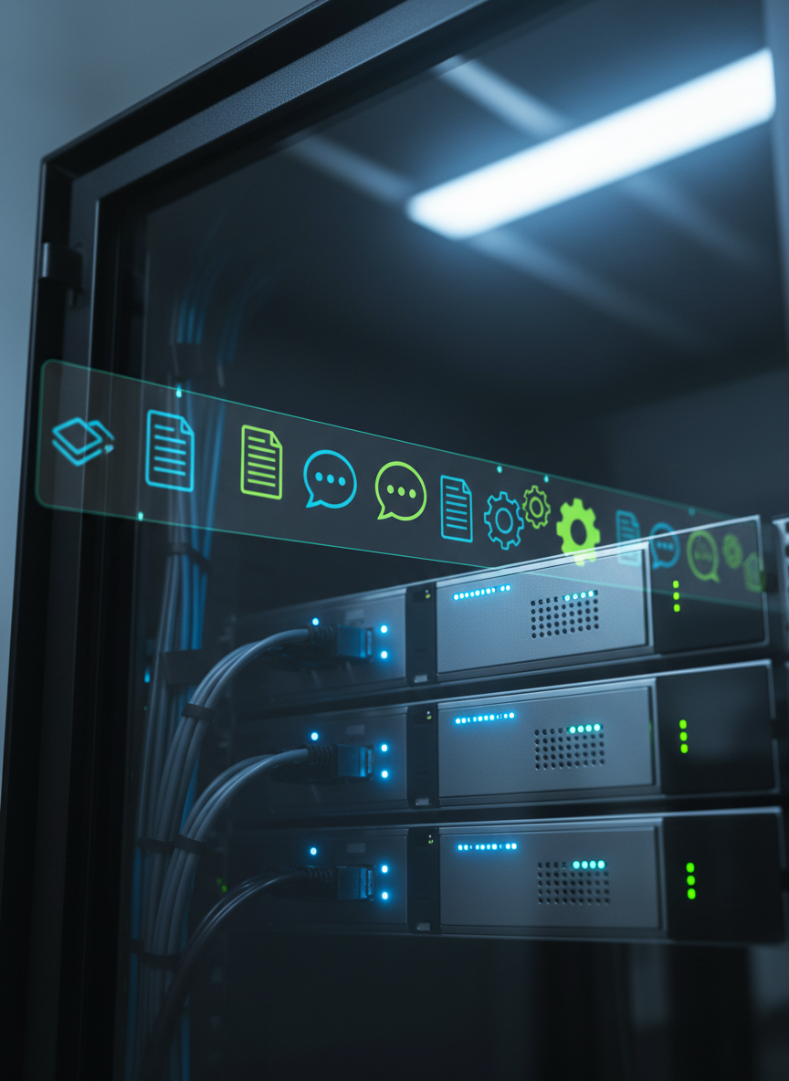 A close-up of a polished black server cabinet door slightly ajar, revealing neatly organized cables and compact edge-computing devices glowing with small, subtle LED indicators in blue and green. Superimposed above the hardware is a translucent, holographic-style flow of simplified automation icons—documents, chat bubbles, gears—moving smoothly from left to right, symbolizing streamlined AI workflows. The scene is lit with cool, controlled light from above, creating clean reflections on the cabinet’s glass and a sense of technical precision. Photographic realism, captured from a low, angled perspective with a shallow depth of field that keeps the glowing icons and hardware in sharp focus, evoking reliability, scalability, and behind-the-scenes efficiency in AI infrastructure.