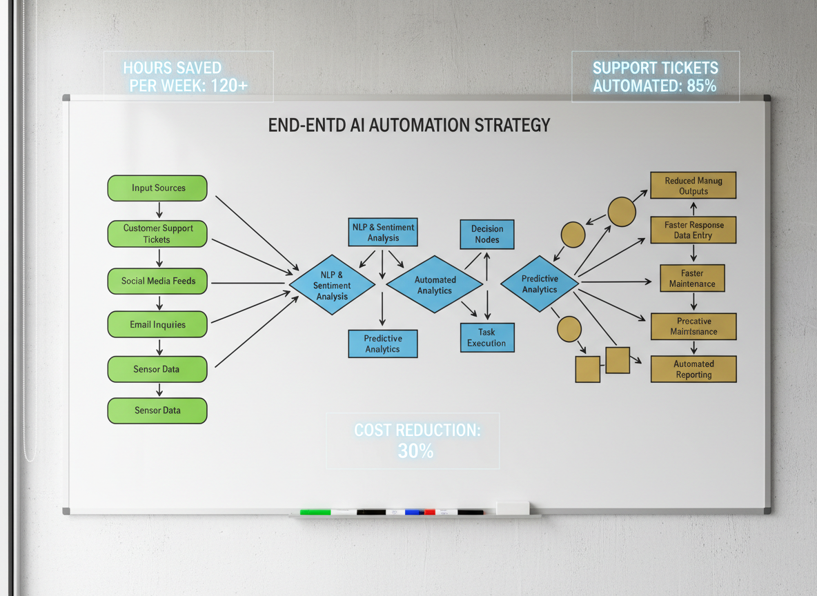 A clean whiteboard mounted on a light gray office wall, meticulously covered with color-coded diagrams of an end-to-end AI automation strategy: input sources in green, decision nodes in blue, and cost-saving outputs in gold. Discreet, semi-transparent digital overlays float above the board, showing key metrics like “hours saved per week” and “support tickets automated.” At the bottom of the frame, neatly arranged markers and an eraser rest on a narrow aluminum ledge. Bright, indirect daylight from a nearby window creates crisp, readable contrast without glare. Photographic realism, shot straight-on with sharp focus edge to edge, creating a clear, organized, and optimistic atmosphere that suggests structured, accessible AI planning for any business.
