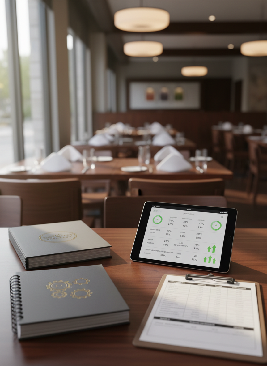 A tidy, dark wood restaurant table laid out as a strategy workspace, featuring a neatly stacked set of branded menu mockups, a spiral-bound operations manual, and a clipboard with a cost analysis sheet full of clear numbers and percentages. A sleek tablet displays a dashboard of KPIs with green upward-trending arrows. In the background, a softly blurred dining room with neatly arranged tables, folded napkins, and ambient pendant lighting creates context. Warm, diffused afternoon light from a side window mixes with the gentle glow of overhead fixtures, casting soft shadows. Photographic realism, shot from a slightly elevated angle with rule-of-thirds composition, creates a calm, focused atmosphere that communicates thoughtful planning to grow revenue and keep more profit.