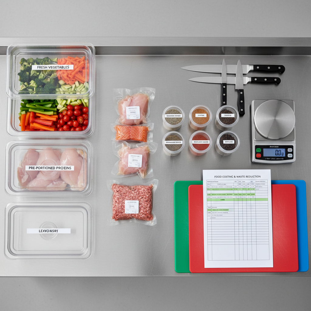 An overhead view of a spotless stainless steel prep table divided into clear zones with labeled containers: fresh vegetables, pre-portioned proteins, and measured spices in transparent, lidded pans. Beside them lies an open food-costing spreadsheet printed on crisp white paper, with highlighted rows indicating savings and reduced waste. A digital scale, sharpened chef’s knives aligned on a magnetic strip, and color-coded cutting boards complete the scene. Bright, neutral kitchen lighting creates clean reflections and minimal shadows, emphasizing order and clarity. Photographic realism with sharp focus throughout captures every texture, from the sheen on metal to the crisp edges of paper. The mood is methodical, practical, and reassuring, showcasing how streamlined prep and portion control cut waste and protect margins.